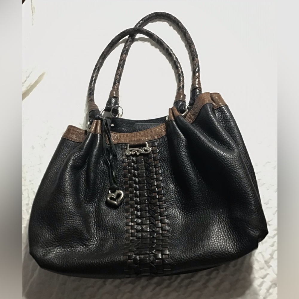 BRIGHTON BLACK & Brown Leather Hobo Bag With Silver Hardware Braided Shoulder.